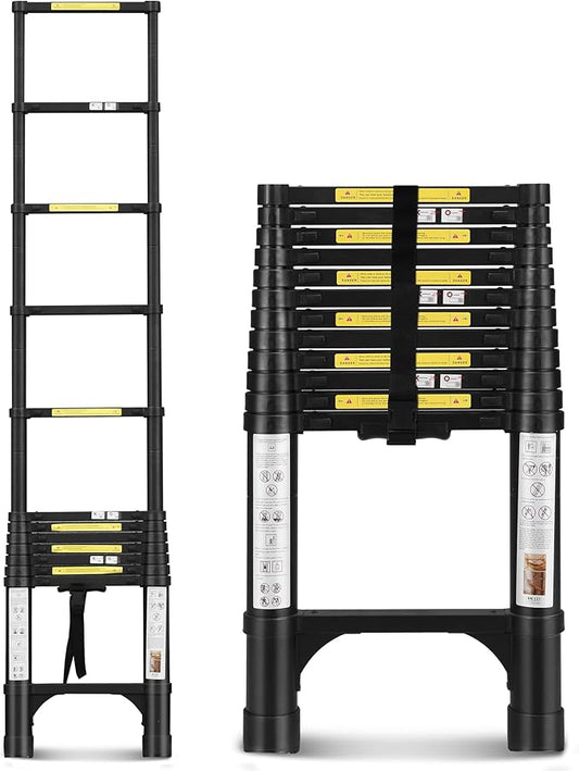 12.5FT Aluminum Telescoping Ladder, Multi-Purpose Extension Ladder w/Triangle Stabilizers and Non-Slip Feet, 330lbs Capacity Retractable Ladder for RV, Indoor and Outdoor Black