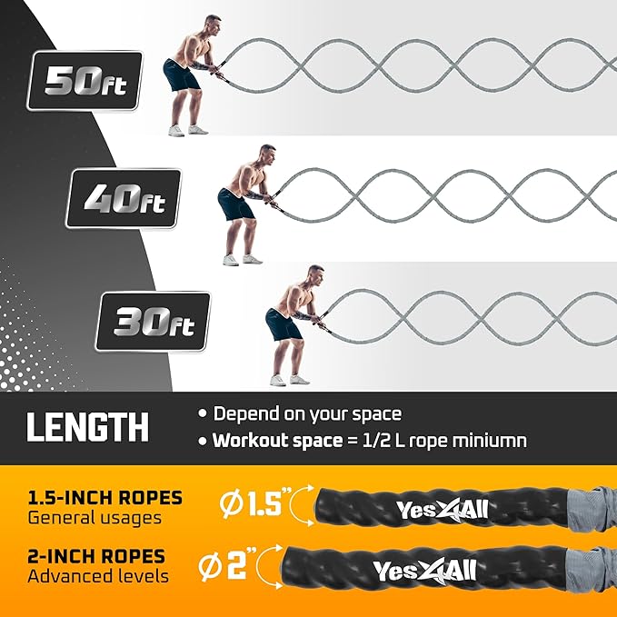 Yes4All Battle Ropes, Workout Rope with Cover, Steel Anchor & Strap Included, Heavy Ropes for Exercise Training - 1.5/2 Inch Diameter, 30, 40, 50 Ft Length