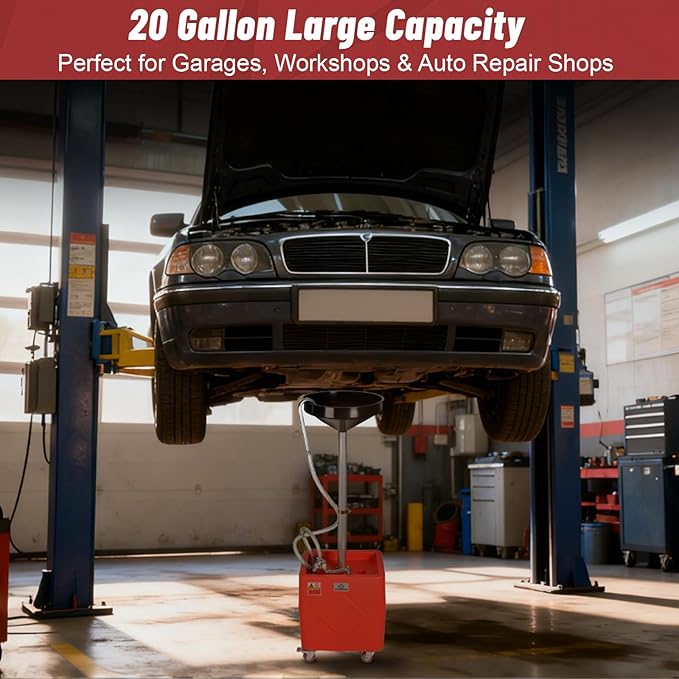 20 Gallon Waste Oil Drain Tank with 110V Electric Pump, Adjustable Height Oil Drainer, 8 GPM Flow Rate, Semi-Transparent HDPE Oil Tank with Large Funnel & Tool Tray for Garage and Auto Repair Shop