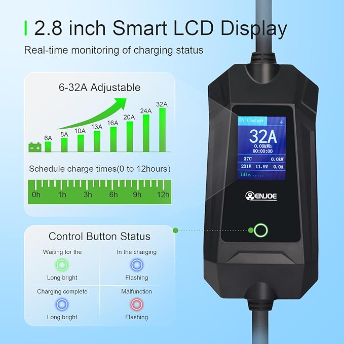 Level 1 & 2 EV Portable Charger up to 32Amp, 110V / 240V with 25ft Cable for Tesla NACS, NEMA 5-15 & 14-50 Plug Indoor/Outdoor EVSE, Home/Travel Electric Car Charging Station