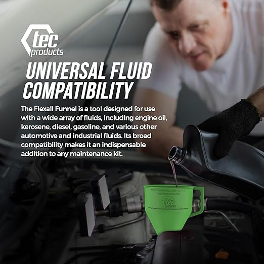 TEC Products FlexAll Long Flexible Funnel for Automotive Use - Durable Nitrile Rubber - Ideal for Car Oil Change, Transmission Funnel Fluid, Diesel, Fuel, Gas - Made in USA - Green (16 x 5 Inches)