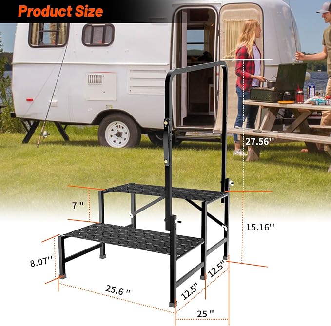 RV Step with Handrail, Foldable 2 Steps with Handle RV Stairs Home Ladder Foldable Stairs for 5th Wheel RV, Hot Tub, Outdoor Spa Pool