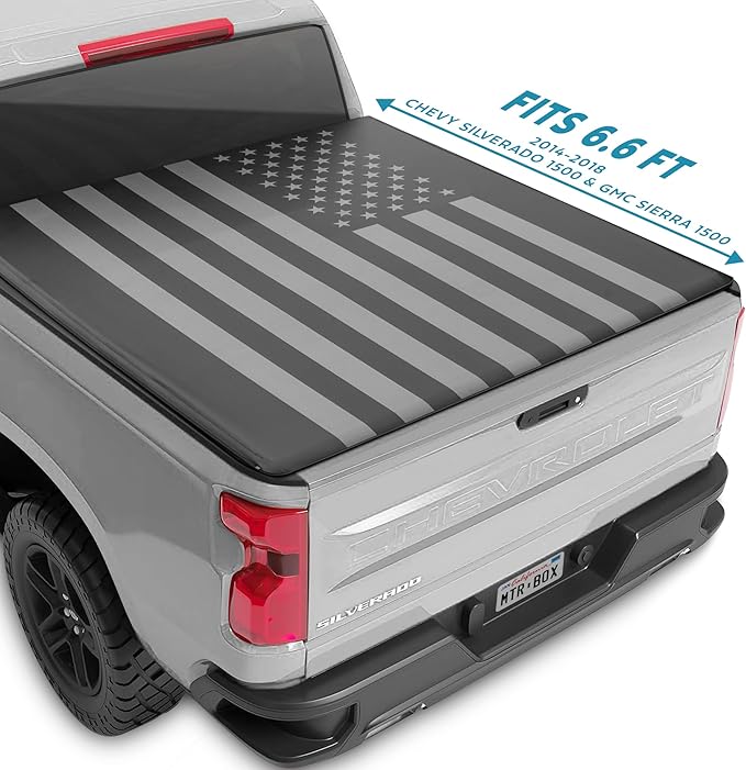 Tri-Fold Truck Tonneau Cover for Chevy Silverado 1500 / GMC Sierra 1500 (2014-2018) with 6.6 ft Bed Length, All-Weather Soft Folding Truck Bed Cover with Black/Gray Flag