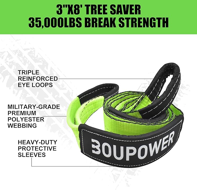 Off Road Winch Recovery Kit, 10 Ton Heavy Duty Snatch Block Pulley with 3" x8' Tree Saver Strap and 2Pcs 3/4" D Ring Shackles, Winching Accessories for Truck Car SUV ATV Green