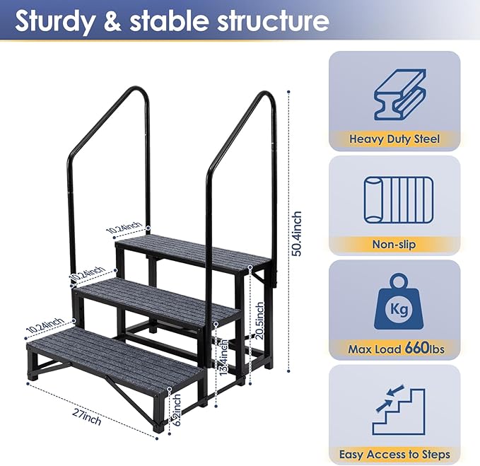 3-Step RV Steps with Dual Handrails – Heavy-Duty RV Stairs for Camper, Hot Tub, Trailer & Porch with Non-Slip Mats