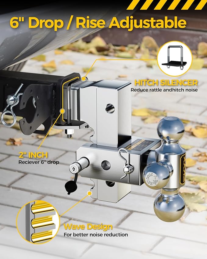 KYX Adjustable Trailer Hitch, 6 in Rise Drop Hitch Fits 2 Inch Receiver, 12500 LBS GTW, Tri-Ball Aluminum Truck Tow Hitch(1-7/8 & 2 & 2-5/16), Rustproof and Noise Reduction Design for RVs and Trailers