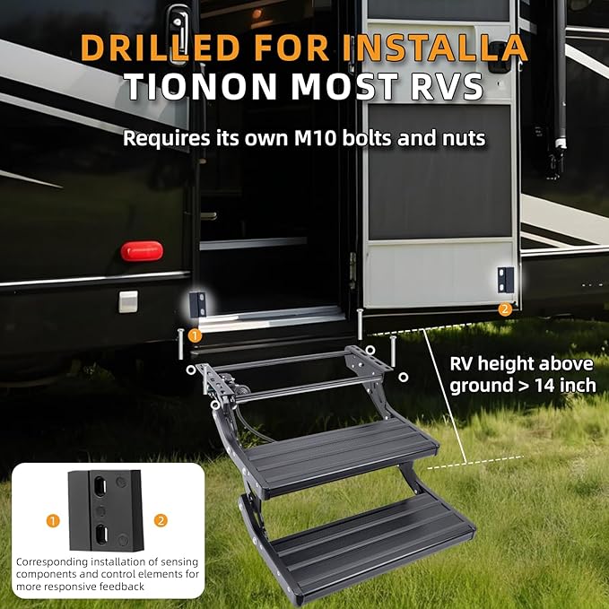 Electric RV Steps with LED Light, 2-Steps, 400 LBS Load Capacity, Foldable Aluminum Alloy Camper Steps, Thickened Steel Plate Trailer Steps, Non-Slip Design, Ideal for RV, Trailer, Camper, Black