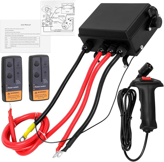 12V 500A Pre-Wired Winch Control Box Kit for Winches, 8000lbs-17000lbs, Wire-Less & Remote Control, Handheld Controller, Jumper Cables, ATV/UTV/SUV Trailer Winch Upgrade