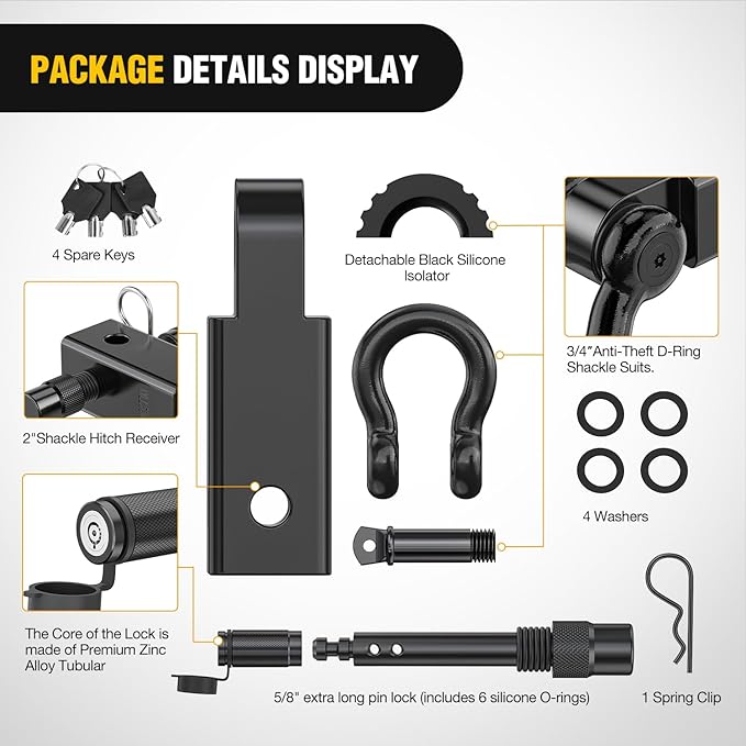 Nilight Anti-Theft Shackle Hitch Receiver 2Inch 45000 LBs Breaking Strength 3/4" Anti-Theft D Ring Shackle 5/8" Trailer Hitch Lock Pin Heavy Duty Solid Towing Kit for Trucks Off Road (Black)