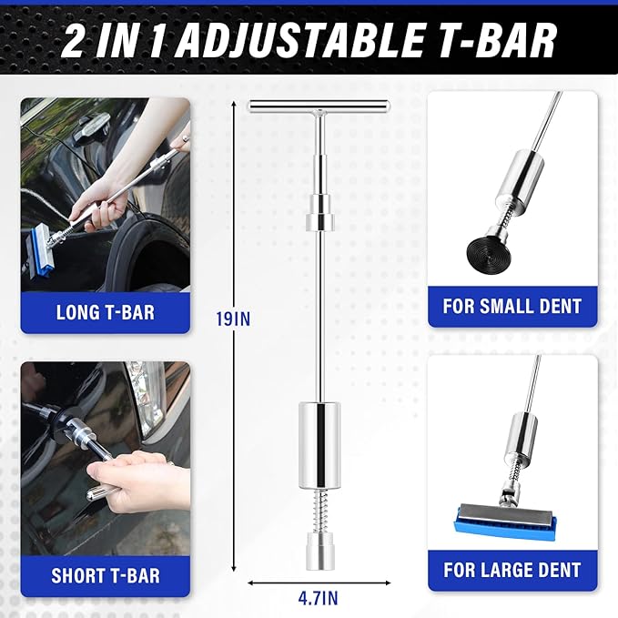 WHDZ Paintless Dent Repair Kit Dent Remover Tools with Dent Lifter Puller, Bridge Puller, 2 in 1 T-Bar Auto Dent Puller Kit for Door Ding Hail Damage