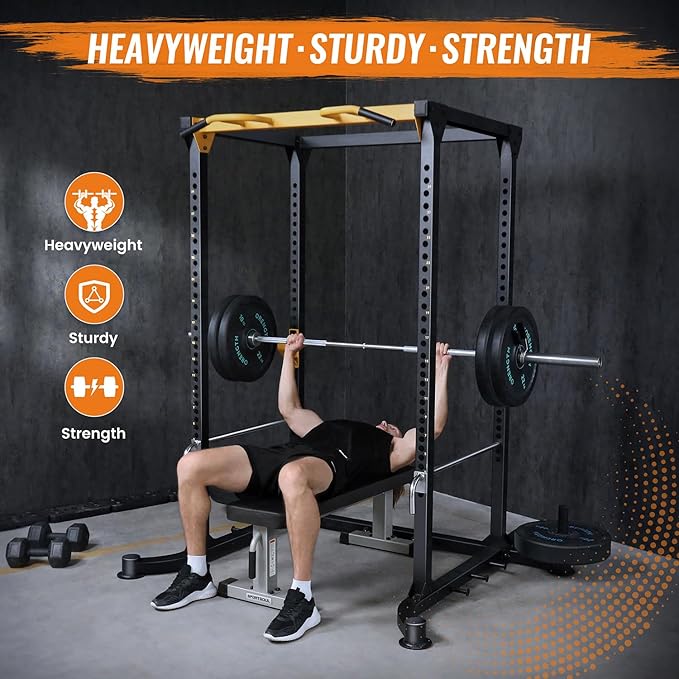 Squat Rack Power Cage, 82" Large Squat Stand Rack 2000lbs Capacity, Stable and Durable Power Rack with Pull-Up Bar, Heavy Duty Adjustable Power Cage with Weight Plate Storage Attachment for Home Gym