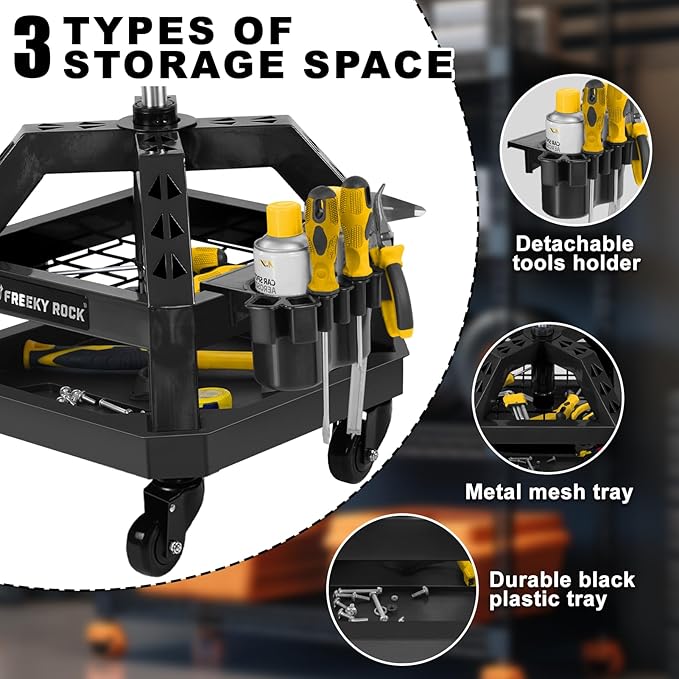 Rolling Shop Stool with Wheels, Heavy Duty Garage Work Mechanic Stool, Adjustable Height 22.44"-28.94", 360°Swivel Rolling Chair with Tool Tray Storage, 330 LBS Capacity, Black