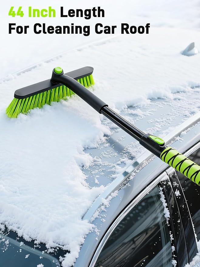 44" Snow Brush and Ice Scraper for Car Windshield, Extendable Snow Brush 360° Rotating Snow Removal Tool with Comfortable Foam Grip for Truck Vehicle Automobile Car (Green)