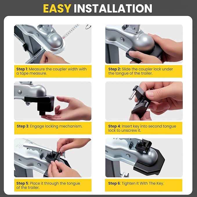 Trailer Hitch Locks Kit - Heavy-Duty Hitch Lock for 2" Couplers with Straight Lips, Anti-Theft Steel Core Lock with Keys for RV, Camper, Trailer, Boat, Caravan