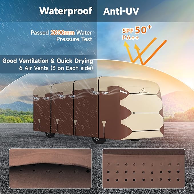 VINPATIO Class A RV Cover: Fits 34'-37' RV, Oxford Fabric Two Color Design, Heavy Duty Windproof Waterproof Class A Motorhome Cover with 3 Extra Long Straps, Gutter Covers