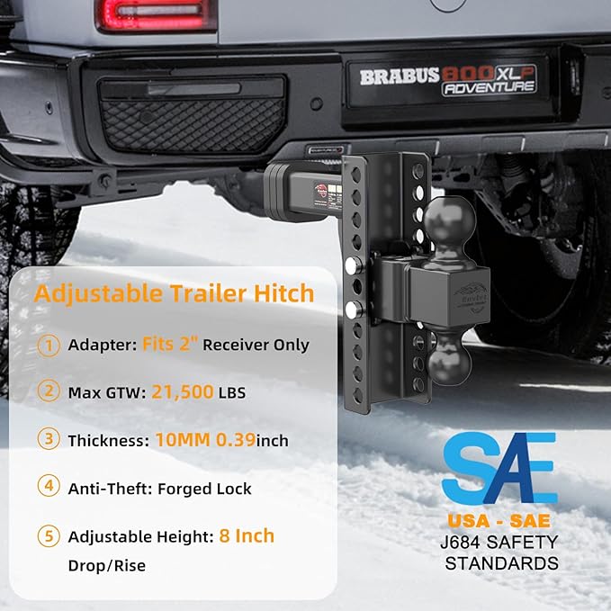 Adjustable Trailer Hitch -Drop Hitch (Fits 2-Inch Receiver) -8" Drop/Rise Tow Hitch, 2" & 2-5/16" Ball Hitches for Trucks -21,500 GTW Hitch Ball Mount with Anti-Theft Locking Hitch Pins