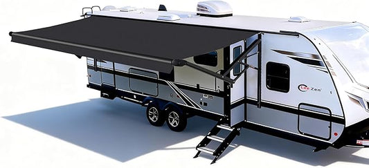 RV Electric Retractable Awning, Black Frame and Fabric Assemblies Full Set for RV, 5th Wheel,Travel Trailers,Motorhome Trailer Awning for Home or Camper - Solid Black, 18Feet(Fabric 17'2")