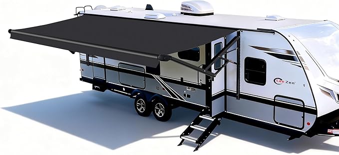 RV Electric Retractable Awning, Black Frame and Fabric Assemblies Full Set for RV, 5th Wheel,Travel Trailers,Motorhome Trailer Awning for Home or Camper - Solid Black, 10Feet(Fabric 9'2")
