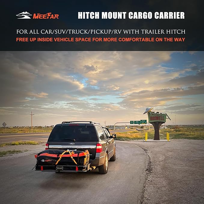 MeeFar Hitch Mount Cargo Carrier Basket 53" x19" x 5"+Waterproof Cargo Bag (51" x17"x 18"), Hauling Weight Capacity of 500 Lbs fit on 2 Inch Receiver with Hitch Stabilizer,Net and Straps
