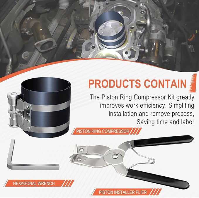 Piston Ring Compressor with Piston Installer Plier,Car Engine Compress Piston Ring Removal Installer Kit, Adjustable Size 2 Inch to 7 Inch Diamete