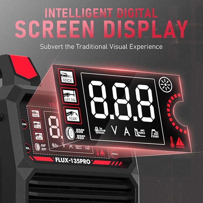 YESWELDER 135Amp Flux Core MIG Welder FLUX-135PRO,110V Flux Core MIG/Lift TIG/Stick 3-in-1 Digital Display Welding Machine & LYG-L600A Auto Darkening Blue Light Blocking Welding Helmet