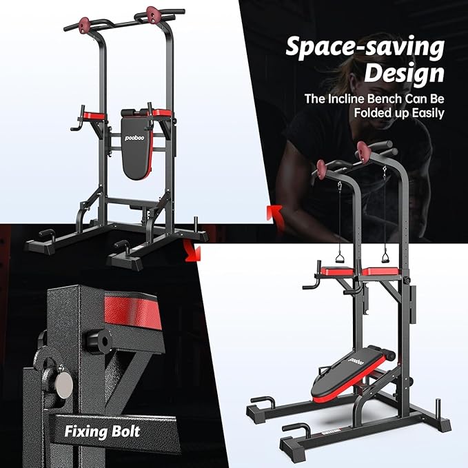 Power Tower Dip Station Pull Up Bar for Fitness Home Gym Workout,Multi-Function Adjustable Height Fitness Strength Training Exercise Equipment,with Power Elastic Ropes (Red Black)