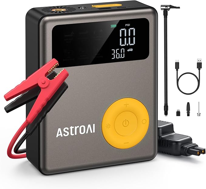 AstroAI Portable Car Jump Starter with Air Compressor, 150PSI 1750A Car Jumper Starter Battery Pack with Cordless Tire Inflator (7.5 Gas/5.0L Diesel), 12V Jump Box, Large LCD Display, Lights