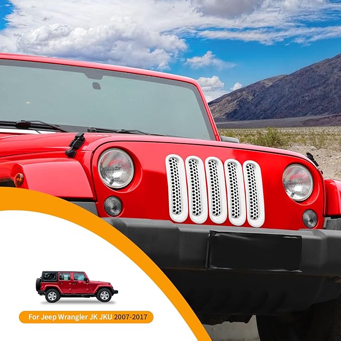 Hoolcar Front Grill Mesh Inserts Clip-in Honeycomb Grille Guard Cover Fit for Jeep Wrangler JK JKU 2007-2017, Exterior Accessories, White