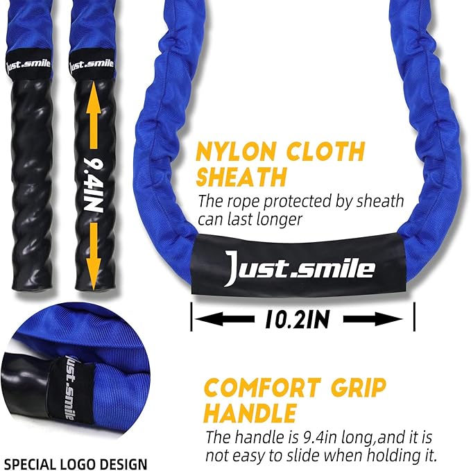 Just.smile Battle Ropes,Ropes for Working Out, Battle Rope for Home Gym with Cover, Steel Anchor & Strap Included, Heavy Ropes for Exercise Training - 1.5/2 Inch…