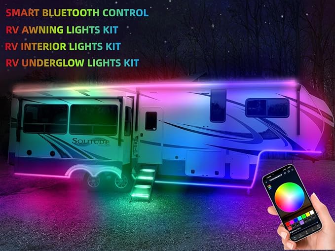65.6FT RV Awning Lights Strip, 12V Multi-Color RV Underglow Led Lights, Camper Underbody Accent Lighting with APP RF Control for Motorhome Travel Trailer Concession Stands Food Trucks