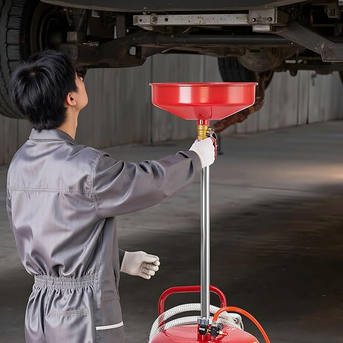 VEVOR 25 Gallon Waste Oil Drain Tank, Air Operated Portable Oil Drainer with Adjustable Funnel Height, Industrial Fluid Drain Tank with Wheels, Fluid Fuel Transfer Drainage for Auto Repair Shops, Red