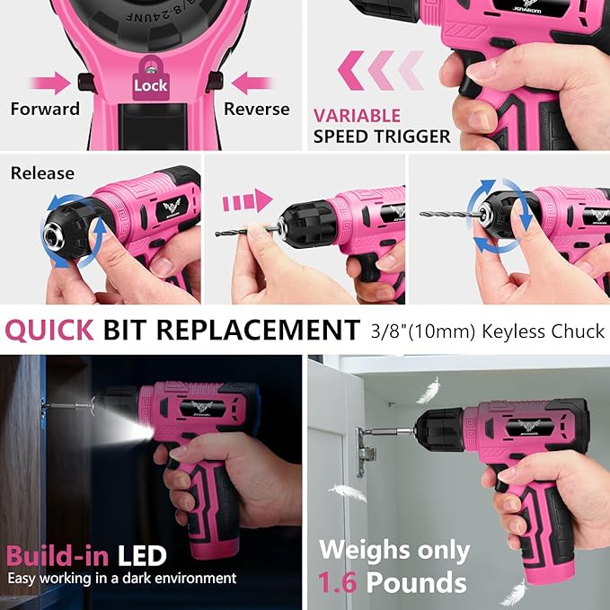 Tool Set：Pink Tool Kit with 8V Cordless Drill, Tool Box with Drill, Hand Drill Set for Men & Women, Home Tool Kits for House Repair, Handyman, DIY 127 Piece