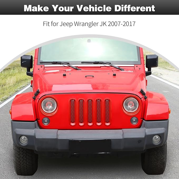 CheroCar for JK Mesh Grille Grill Insert & Headlight Cover Trim Exterior Accessories for Jeep Wrangler JK 2007-2017,Red…