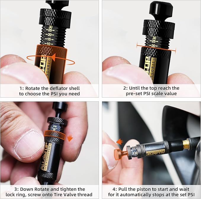 ALL-TOP Adjustable Auto-Stop Tire Deflator Valve Kit (10-30 PSI) 4 PCS Screw-on Tyre Air Down Tool for Offroad 4x4 (with 5 Valve caps)