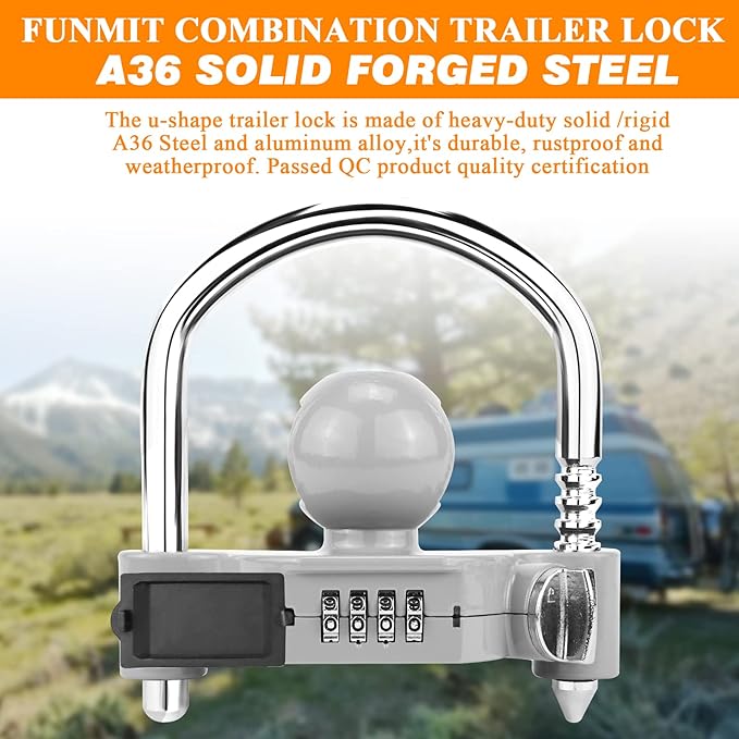 Funmit Trailer Lock Universal Hitch Lock with Combination Lock, fit 1-7/8", 2", 2-5/16" Coupler, Camper Accessories for Travel Trailers Boats Trucks Rvs Grey