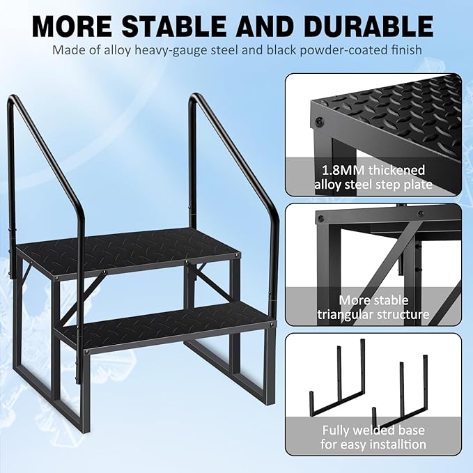 RV Steps with 2 Handrails, 2 Step RV Stairs 660lbs Load Capacity, Heavy Duty Camper Steps with Wide & Anti-Slip Platform, Portable Outdoor Metal Entry Stairs for Hot Tub, Mobile Home, Travel Trailers