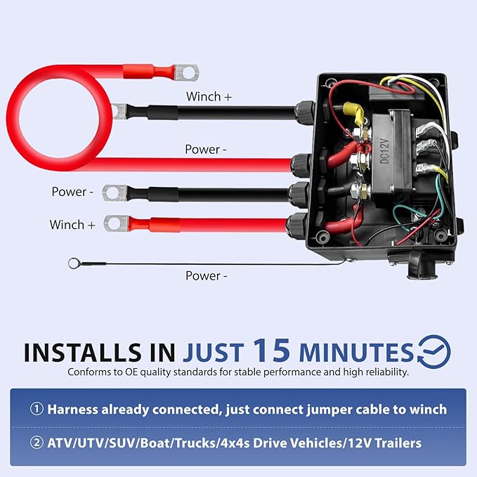 12V 500A Pre-Wired Winch Control Box Kit for Winches, 8000lbs-17000lbs, Wire-Less & Remote Control, Handheld Controller, Jumper Cables, ATV/UTV/SUV Trailer Winch Upgrade