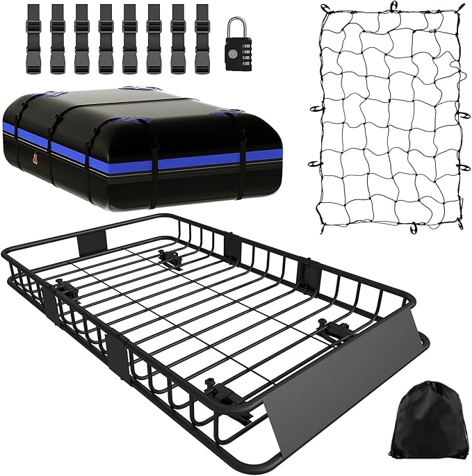 FORWODE 250LBS Universal Roof Rack Basket, 64"x39"x6" Rooftop Cargo Carrier Rack + Waterproof Cargo Bag 15 Cubic Feet(43"x34"x17") and Cargo Net