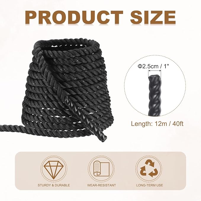 MECCANIXITY Battle Rope 40ft x 1 Inch Polyester Workout Rope Heavy Fitness Exercise Rope for Strength Training Home Gym Muscle Building, Black