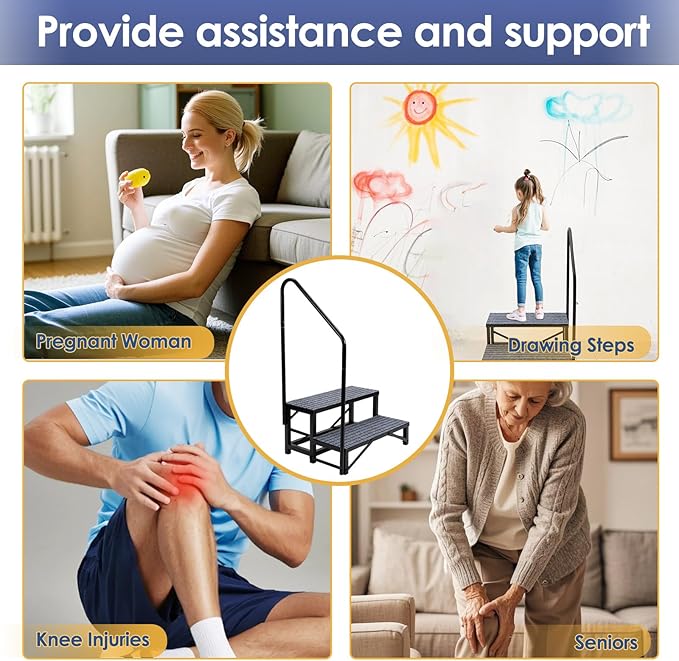 2-Step RV Steps with 1 Handrail, Heavy-Duty RV Stairs for Camper, Hot Tub, Trailer & Porch with Non-Slip Mats