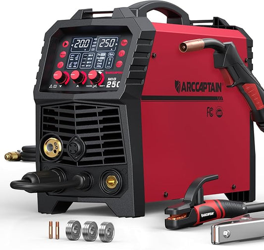 ARCCAPTAIN 250A MIG Welder, 110V 220V Gas MIG/Gasless MIG/Stick/Lift TIG/Spool Gun/Spot 6 in 1 Welding Machine Aluminum Welding Machine Professional Welder Machine with Large LED Display
