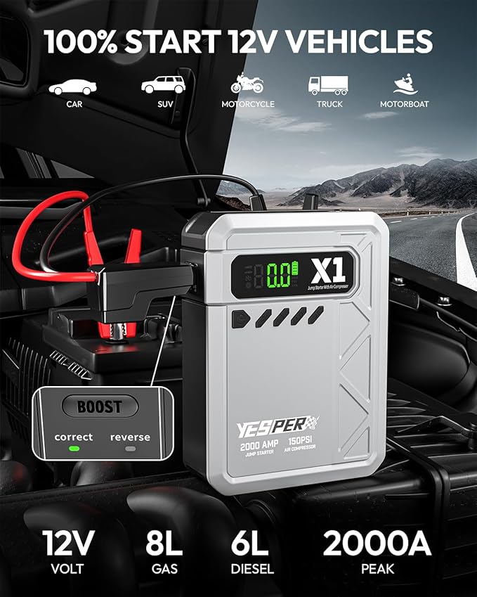 YESPER Jump Starter with Air Compressor 2000A 150PSI Battery Jumper Starter Portable(8L Gas/6L Diesel), 12V Car Jump Pack Battery Charger Jump Box with Jumper Cables, LCD Display, Lights(Grey)