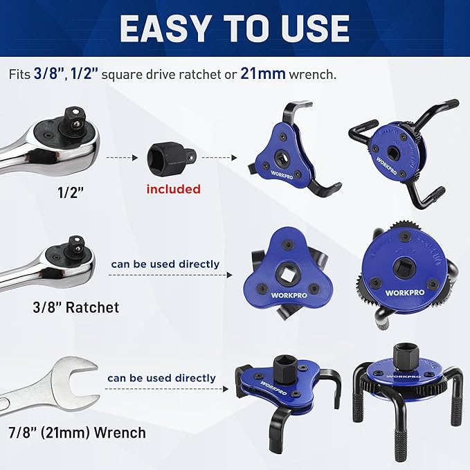 WORKPRO Universal Oil Filter Wrench & Removal Tool, Adjustable Oil Filter Change Set, Ideal for Engine, Conduit, & Fittings