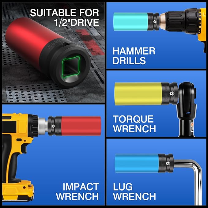 5 PCS 1/2" Drive Wheel Protector Impact Socket,Metric Size15-17-19-21-22mm,Non-Marring Lug Nut Thin Wall Deep Socket Set, CR-MO, 6 Point, Color-Coded Protective Socket