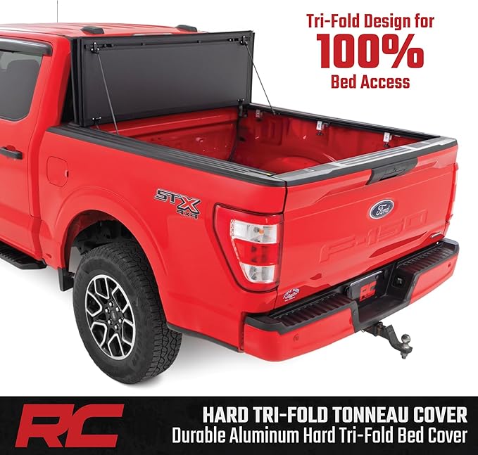 Rough Country Hard Flip-Up Truck Bed Tonneau Cover for Ford F-150 (2015-2020) - Aluminum Tri-Fold Bed Cover