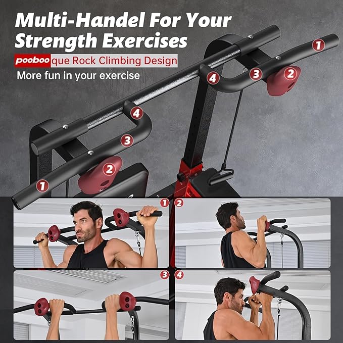 Power Tower Dip Station Pull Up Bar for Fitness Home Gym Workout,Multi-Function Adjustable Height Fitness Strength Training Exercise Equipment,with Power Elastic Ropes (Red Black)
