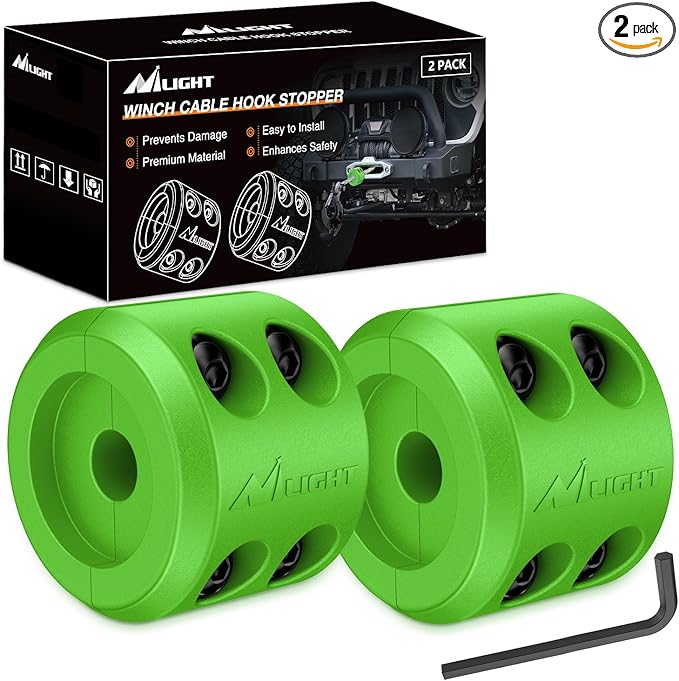 Nilight Winch Stopper for ATV UTV Truck SUV Winch Cable Hook Rubber Stopper 2 Pack Protect Towing Hook Synthetic Rope Winch Accessories Rope Line Saver with Stainless Steel Screws Allen Wrenc, Green