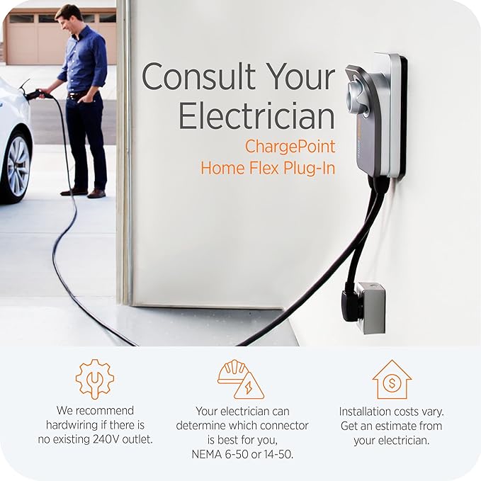 ChargePoint HomeFlex Level 2 EV Charger NEMA 14-50 NACS Plug for Tesla Electric Vehicles - Wall-Mount Fast & Smart Indoor or Outdoor Charging Station for Home, Compatible w/ Tesla Models 3, Y, S & X