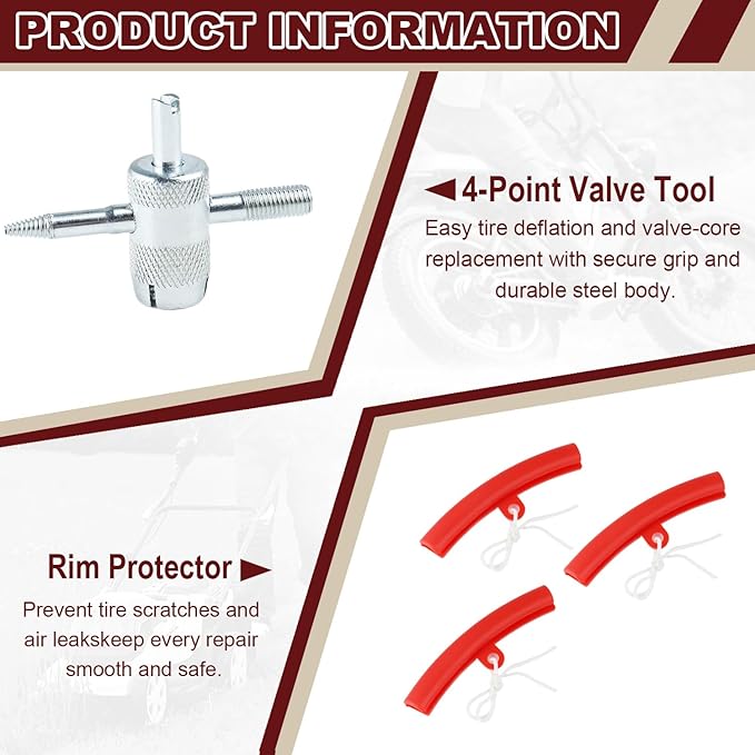 Riseuvo 15" Tire Spoon Kit, Tire Changing Kit for Motorcycle Bike Mower Tractor ATV, Tire Removal Tool Set with Rim Protectors, Valve Tool, Valve Cores, Caps, Stems(TR414 TR413 TR412), Storage Bag