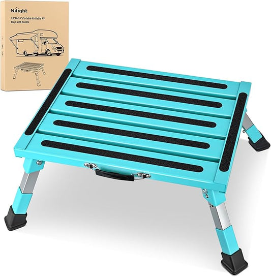 Nilight RV Step Stool Aluminum Folding Platform Steps 19x14.5 RV Steps 4 Levels Adjustable Heavy Duty Step Stool with Anti-Slip Surface Rubber Feet Portable Handle 500lb for Camper Trailer,Mint Green